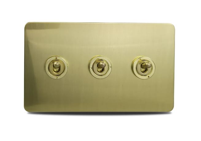 Caradok 3 Gang Screwless Brushed Brass Toggle Switch