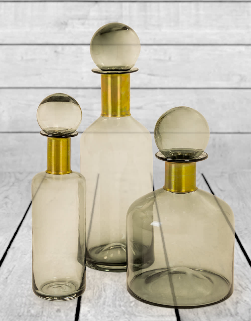 Tall Smoke Grey Glass Apothecary Bottle with Brass Neck - GW90