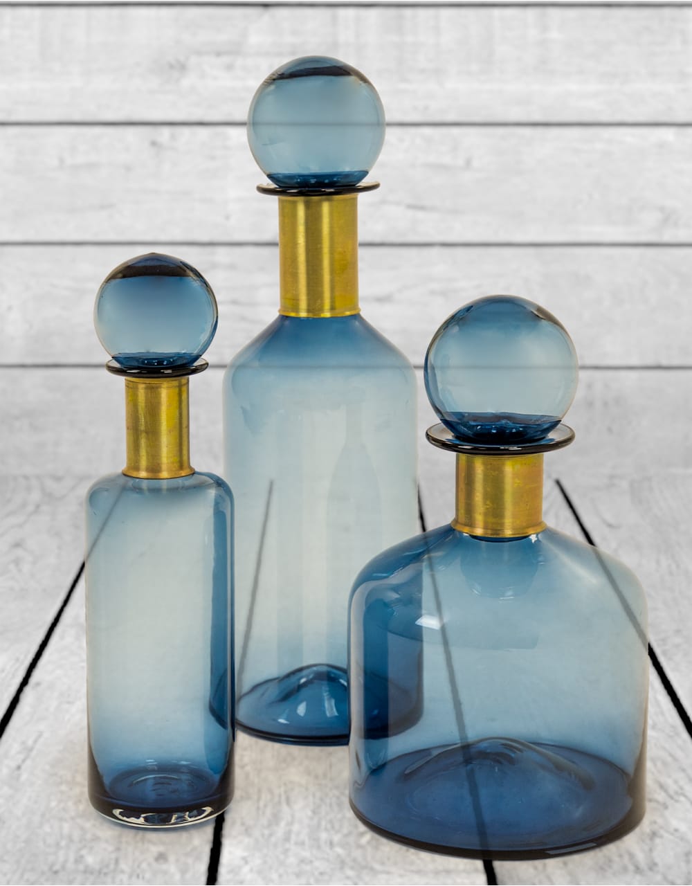 Tall Blue Glass Apothecary Bottle with Brass Neck - GW96