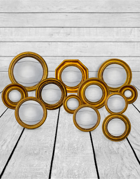 Set of 12 Assorted Antique Gold Framed Convex Mirrors (MK27-MK38) - MK39
