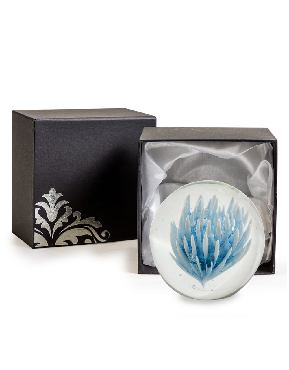 Large Blue & White Flower Glass Ball Paperweight with Gift Box - GW107