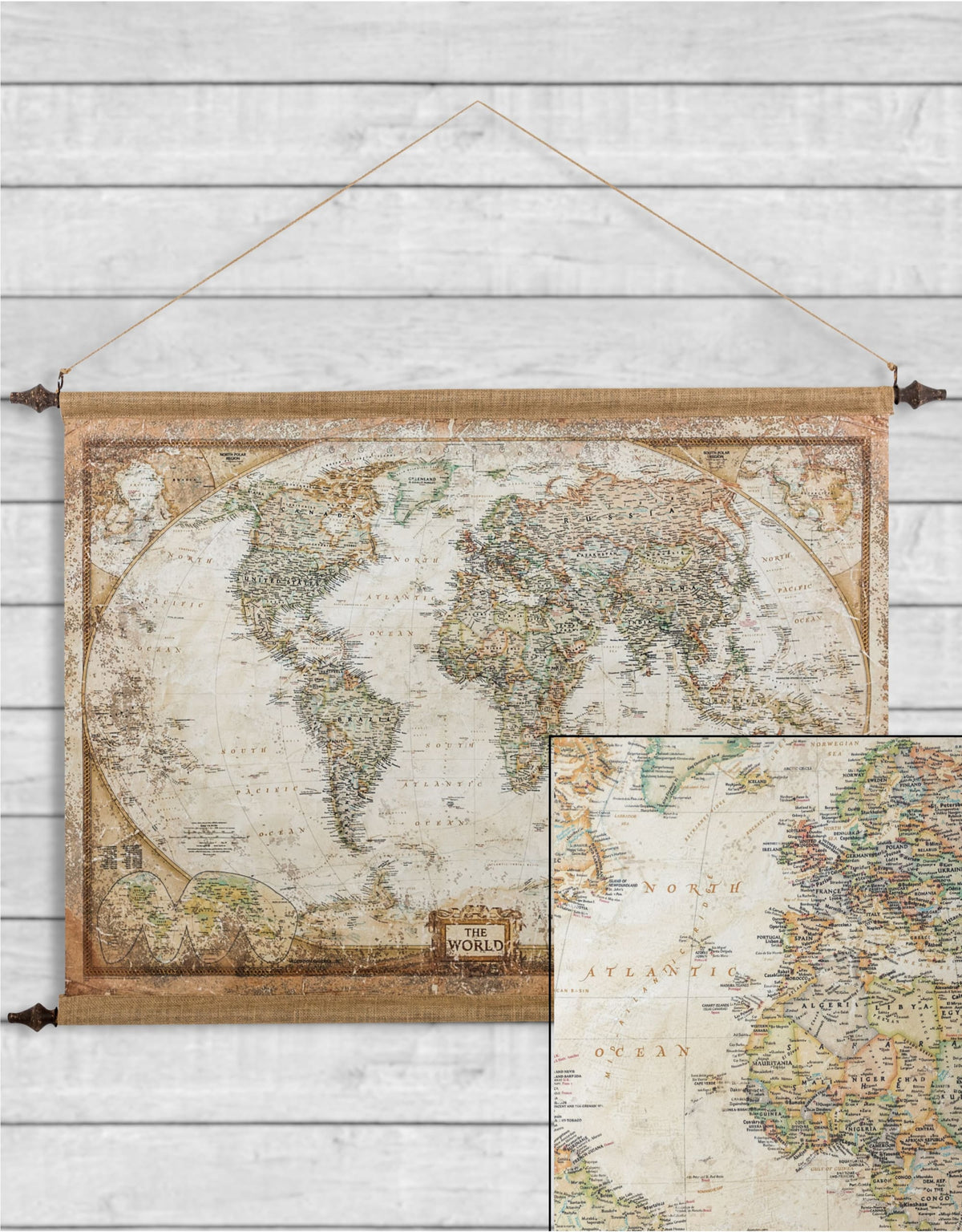 Large Antiqued Wall Hanging Canvas World Map - HKL44