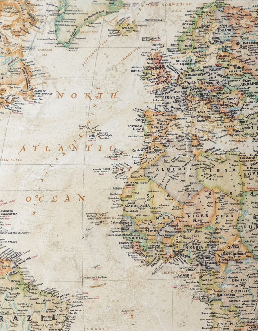 Large Antiqued Wall Hanging Canvas World Map - HKL44