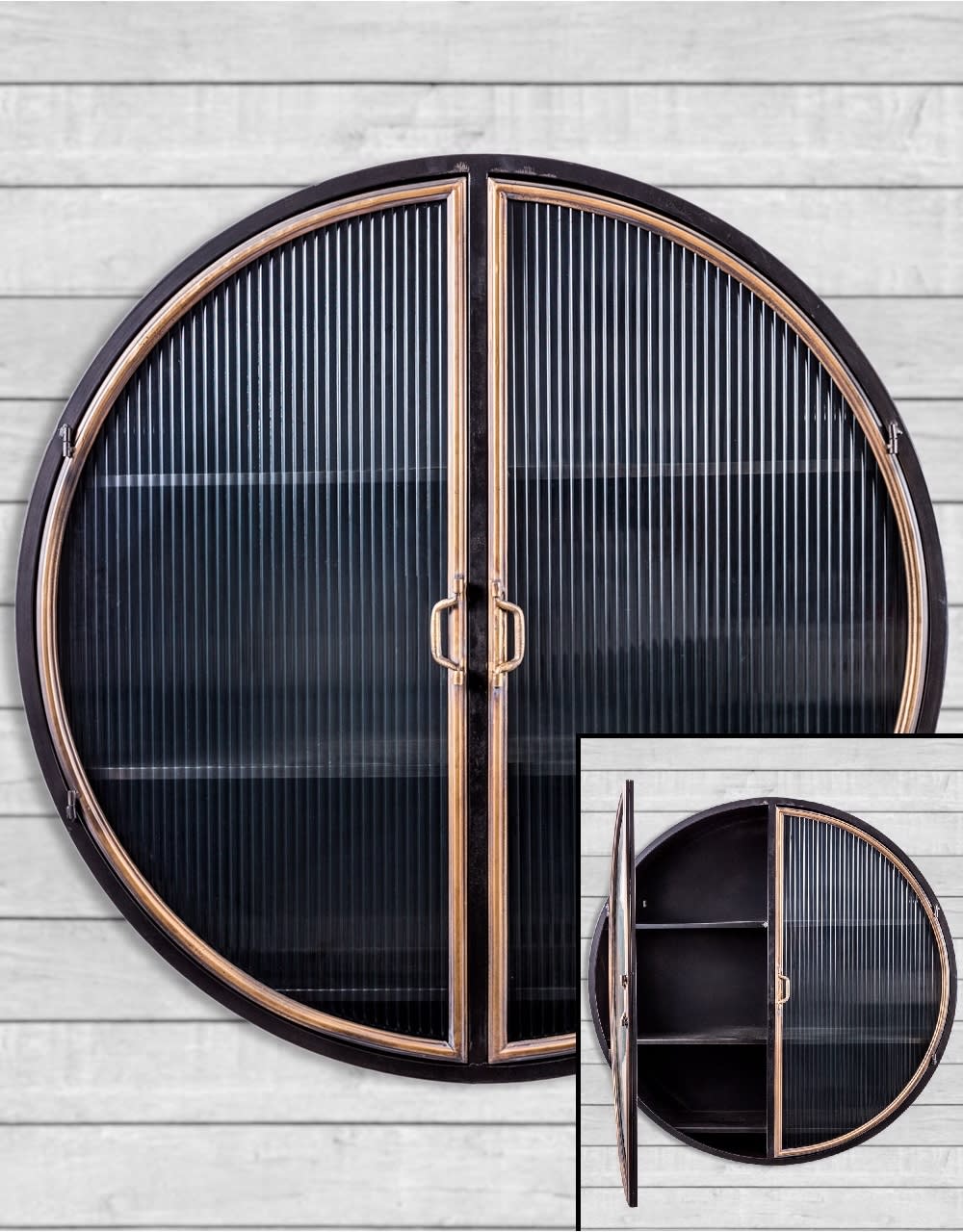 Black and Antique Gold "Orwell" Large Round Metal Wall Cabinet - VRN21