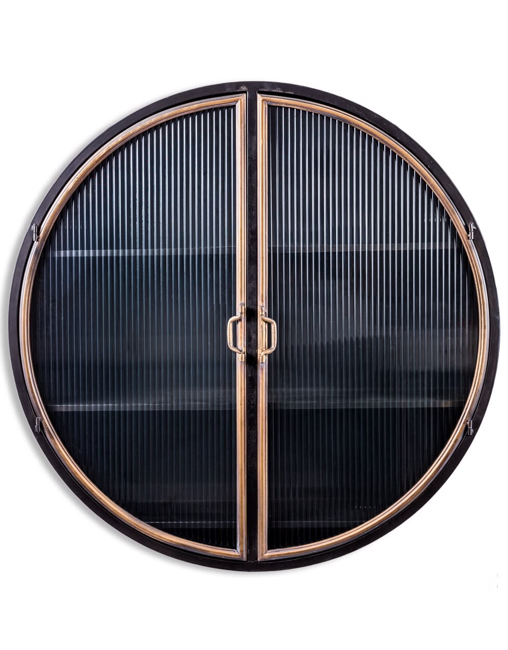 Black and Antique Gold "Orwell" Large Round Metal Wall Cabinet - VRN21