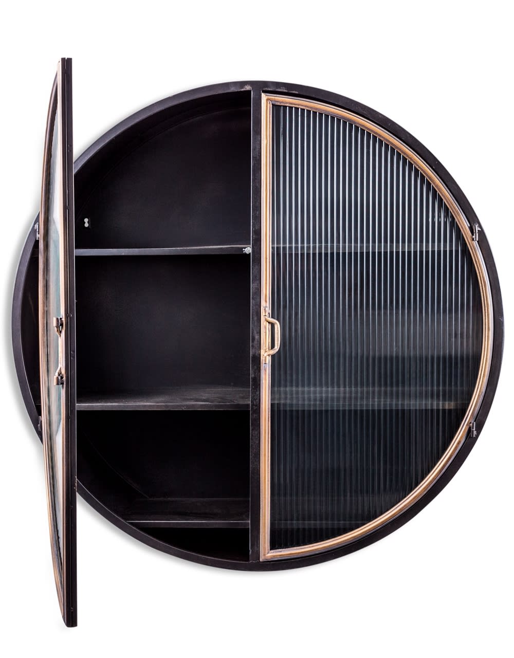 Black and Antique Gold "Orwell" Large Round Metal Wall Cabinet - VRN21