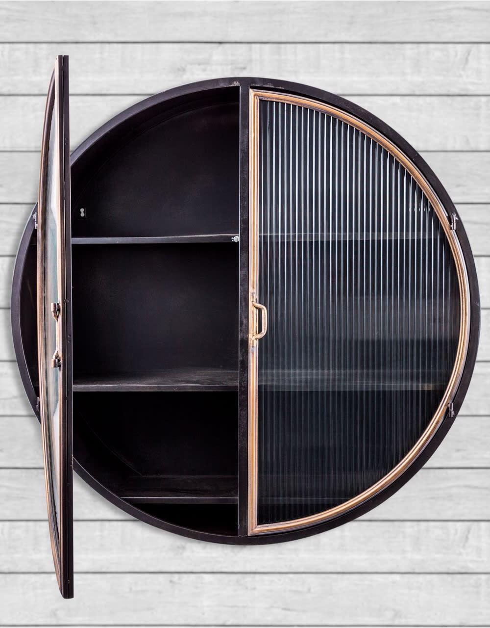 Black and Antique Gold "Orwell" Large Round Metal Wall Cabinet - VRN21
