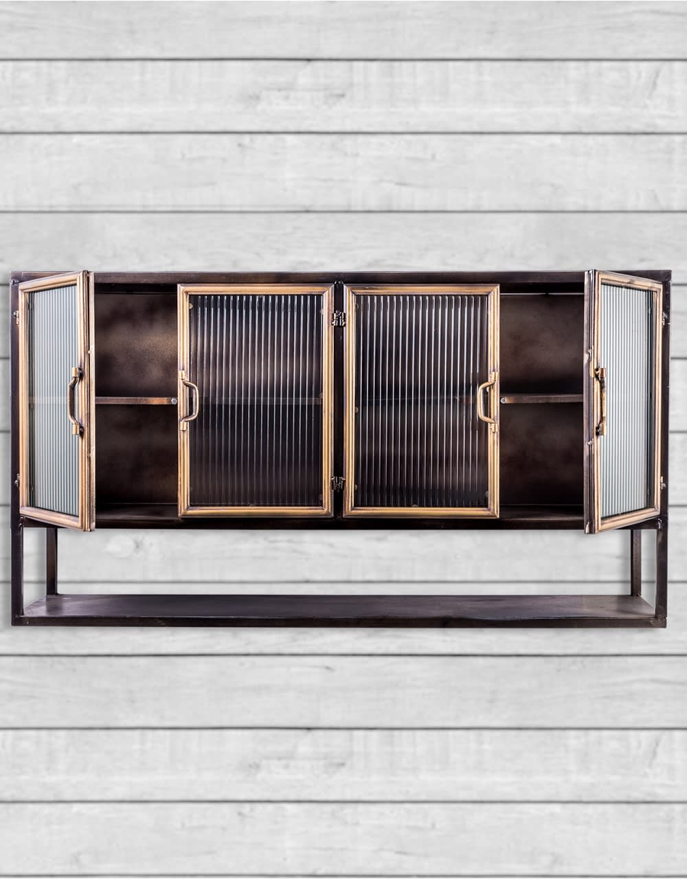 Black and Antique Gold "Orwell" Wide Metal Wall Cabinet with Shelf - VRN22