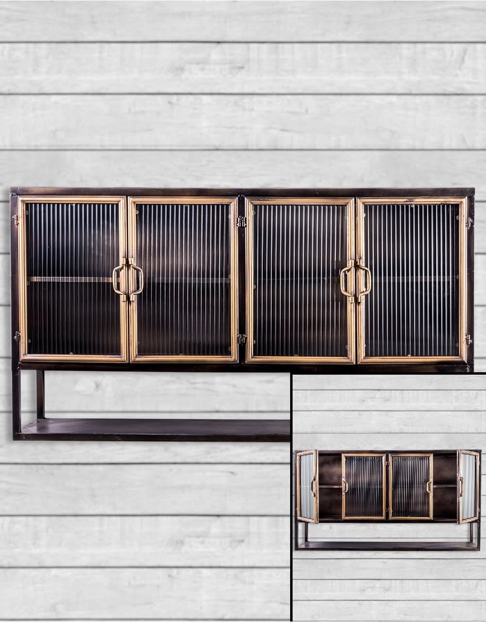 Black and Antique Gold "Orwell" Wide Metal Wall Cabinet with Shelf - VRN22
