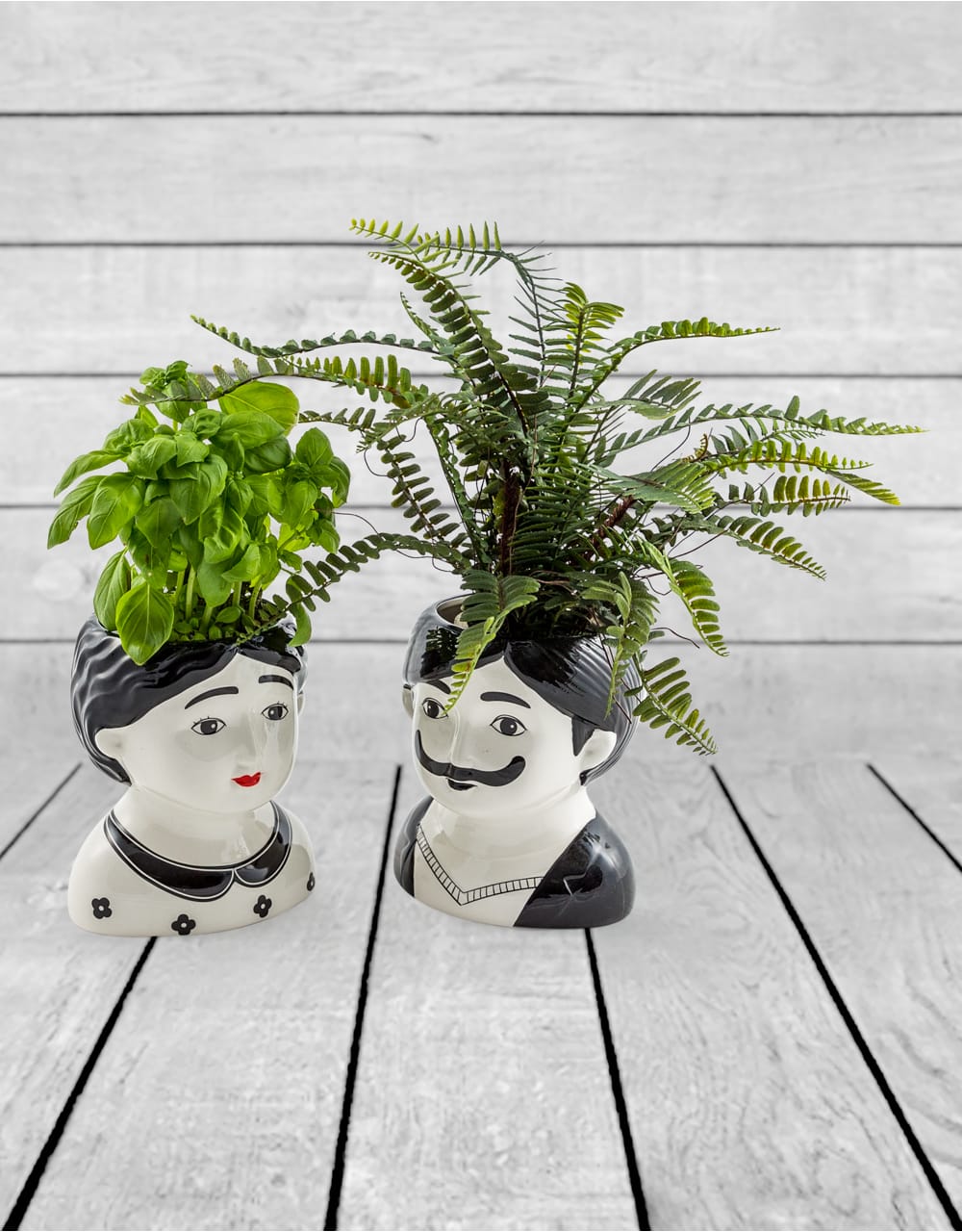 Black and White Set of 2 Large Man and Woman Ceramic Pots - MCP11