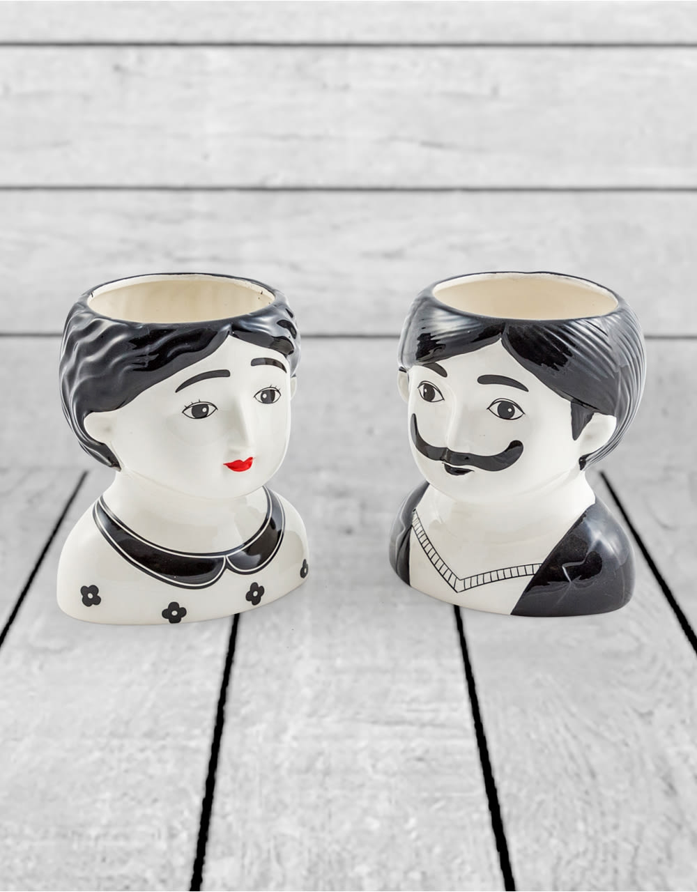 Black and White Set of 2 Large Man and Woman Ceramic Pots - MCP11