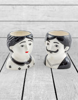 Black and White Set of 2 Large Man and Woman Ceramic Pots - MCP11