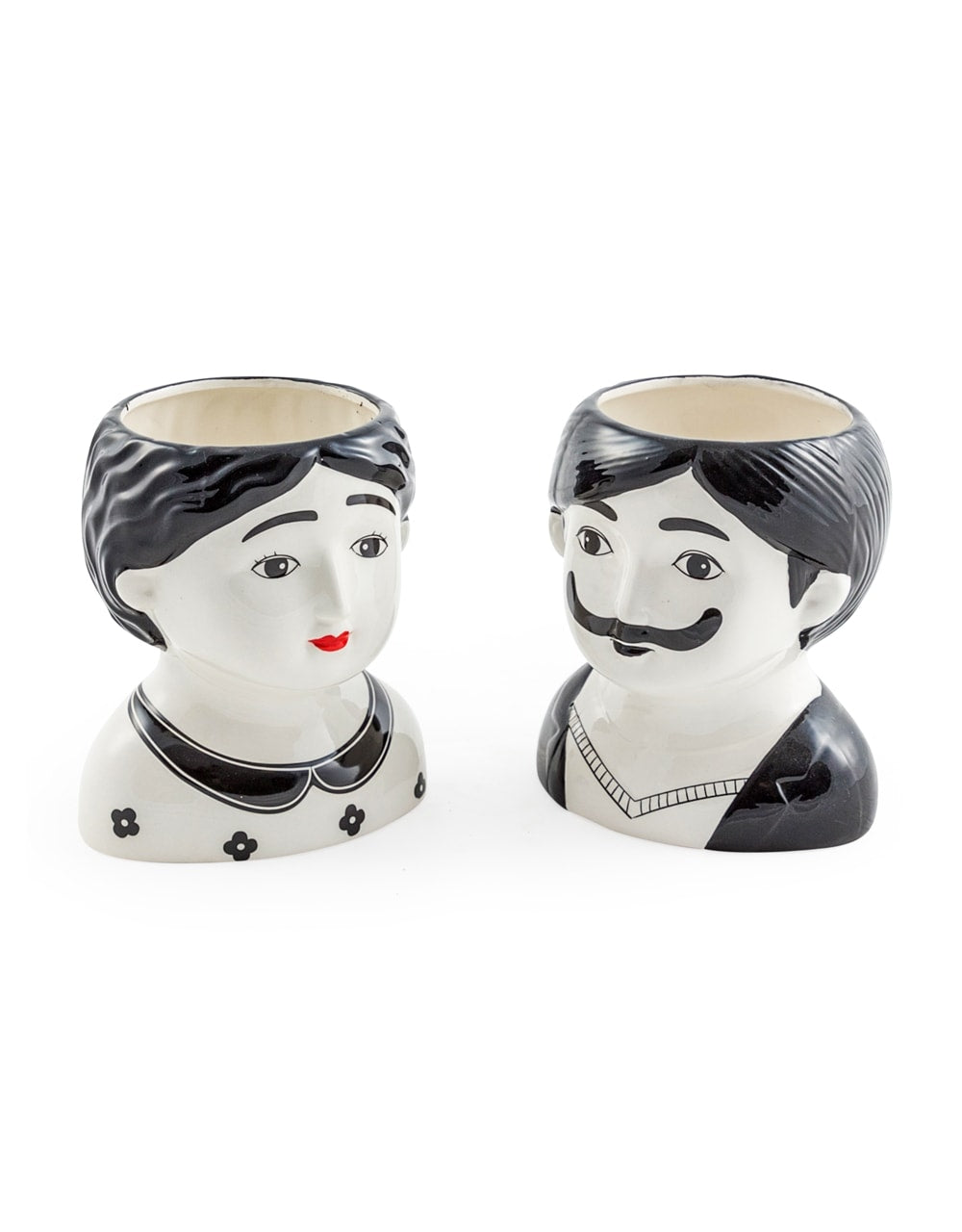 Black and White Set of 2 Large Man and Woman Ceramic Pots - MCP11