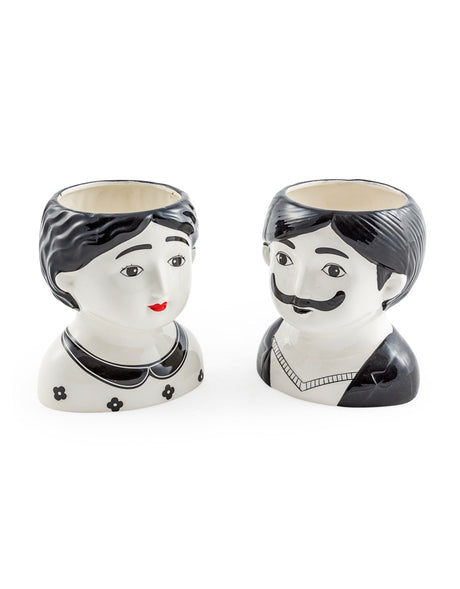 Black and White Set of 2 Large Man and Woman Ceramic Pots - MCP11