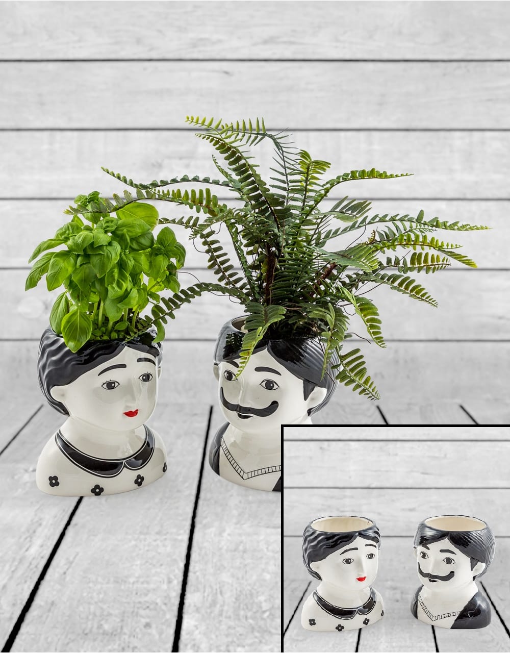 Black and White Set of 2 Large Man and Woman Ceramic Pots - MCP11