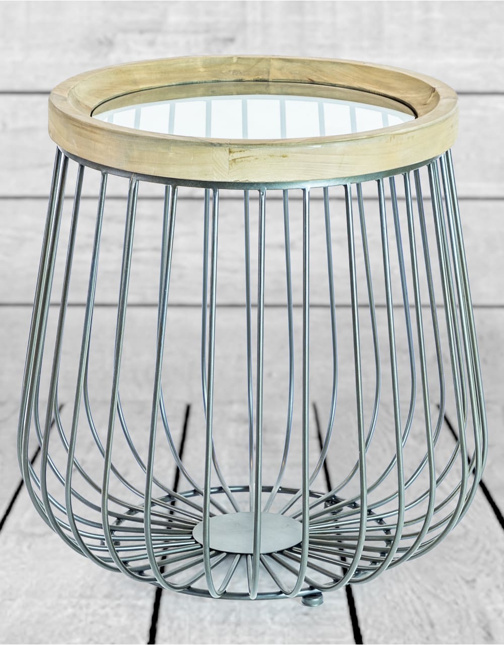 Set of 2 Iron, Wood and Glass Round Side Tables - DTC39