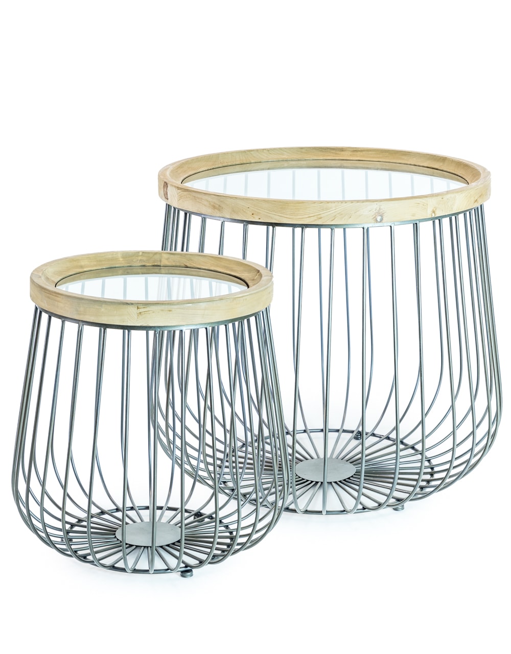 Set of 2 Iron, Wood and Glass Round Side Tables - DTC39