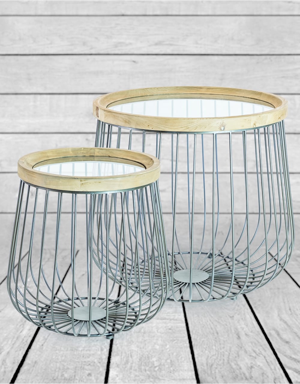 Set of 2 Iron, Wood and Glass Round Side Tables - DTC39