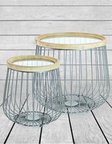 Set of 2 Iron, Wood and Glass Round Side Tables - DTC39