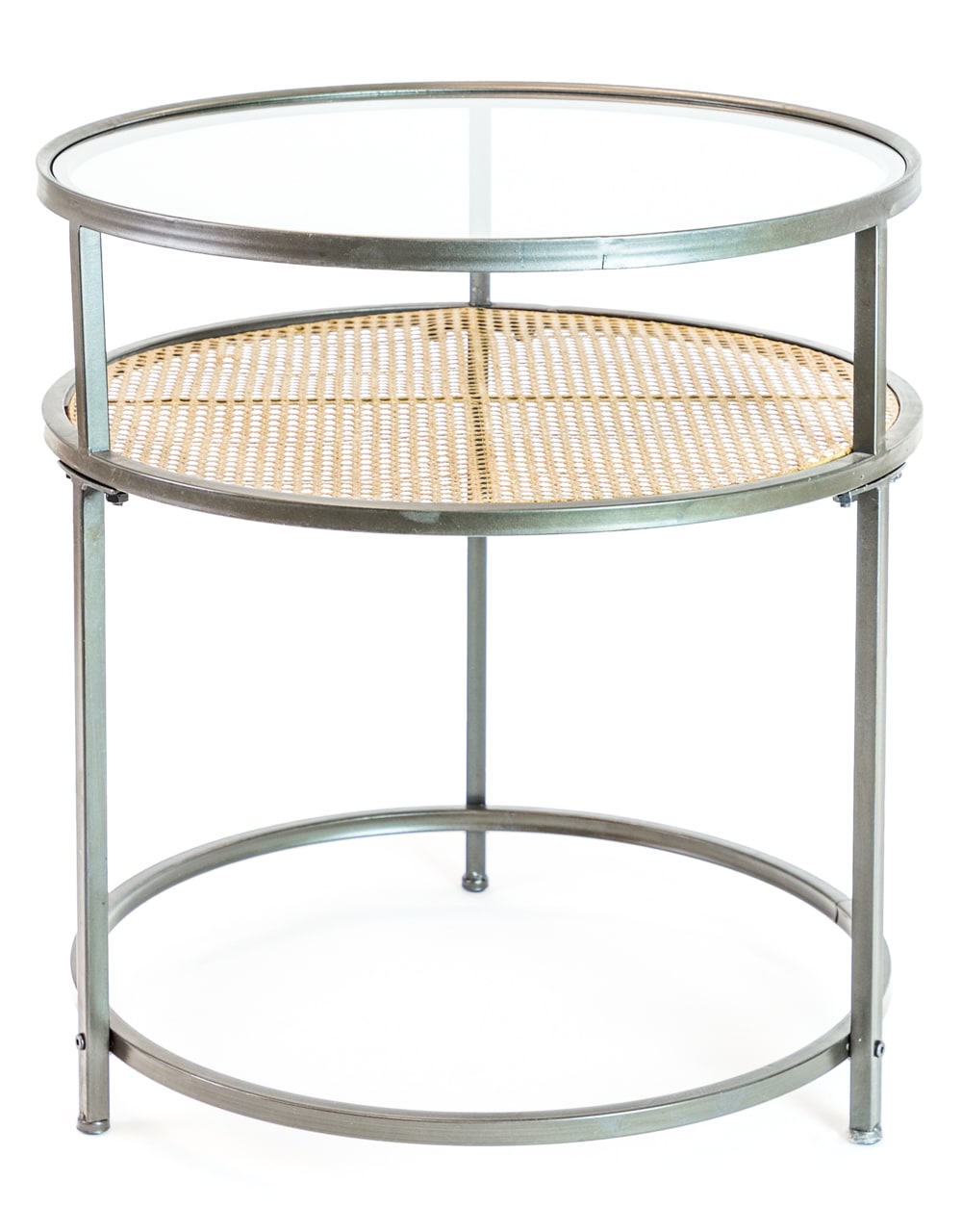 Iron, Glass and Rustic Metal Rattan Set of 2 Round Side Tables - DTC41
