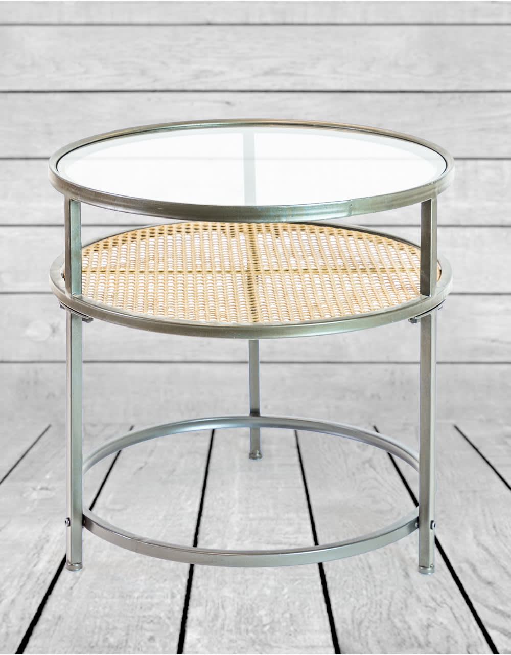 Iron, Glass and Rustic Metal Rattan Set of 2 Round Side Tables - DTC41