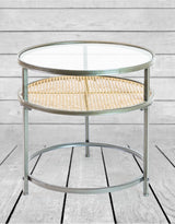 Iron, Glass and Rustic Metal Rattan Set of 2 Round Side Tables - DTC41