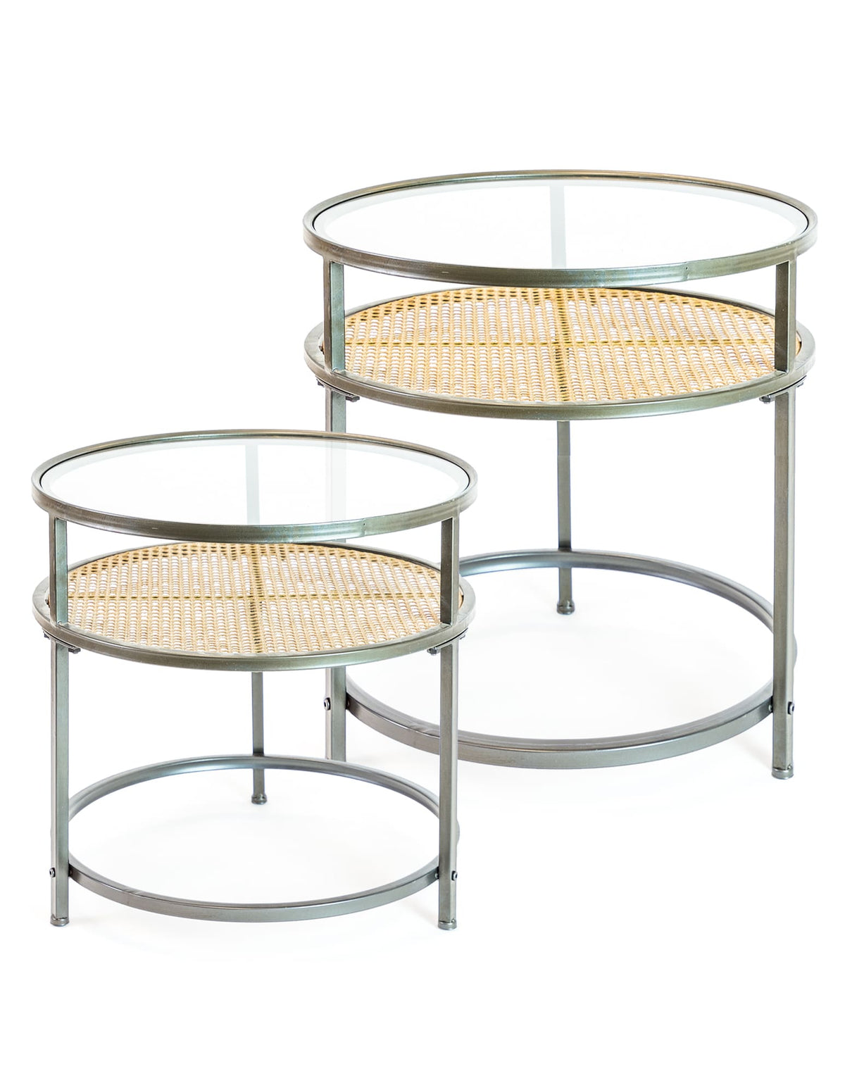 Iron, Glass and Rustic Metal Rattan Set of 2 Round Side Tables - DTC41
