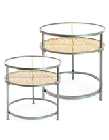 Iron, Glass and Rustic Metal Rattan Set of 2 Round Side Tables - DTC41