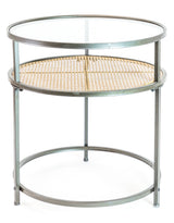 Iron, Glass and Rustic Metal Rattan Set of 2 Round Side Tables - DTC41