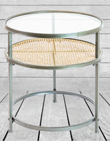 Iron, Glass and Rustic Metal Rattan Set of 2 Round Side Tables - DTC41