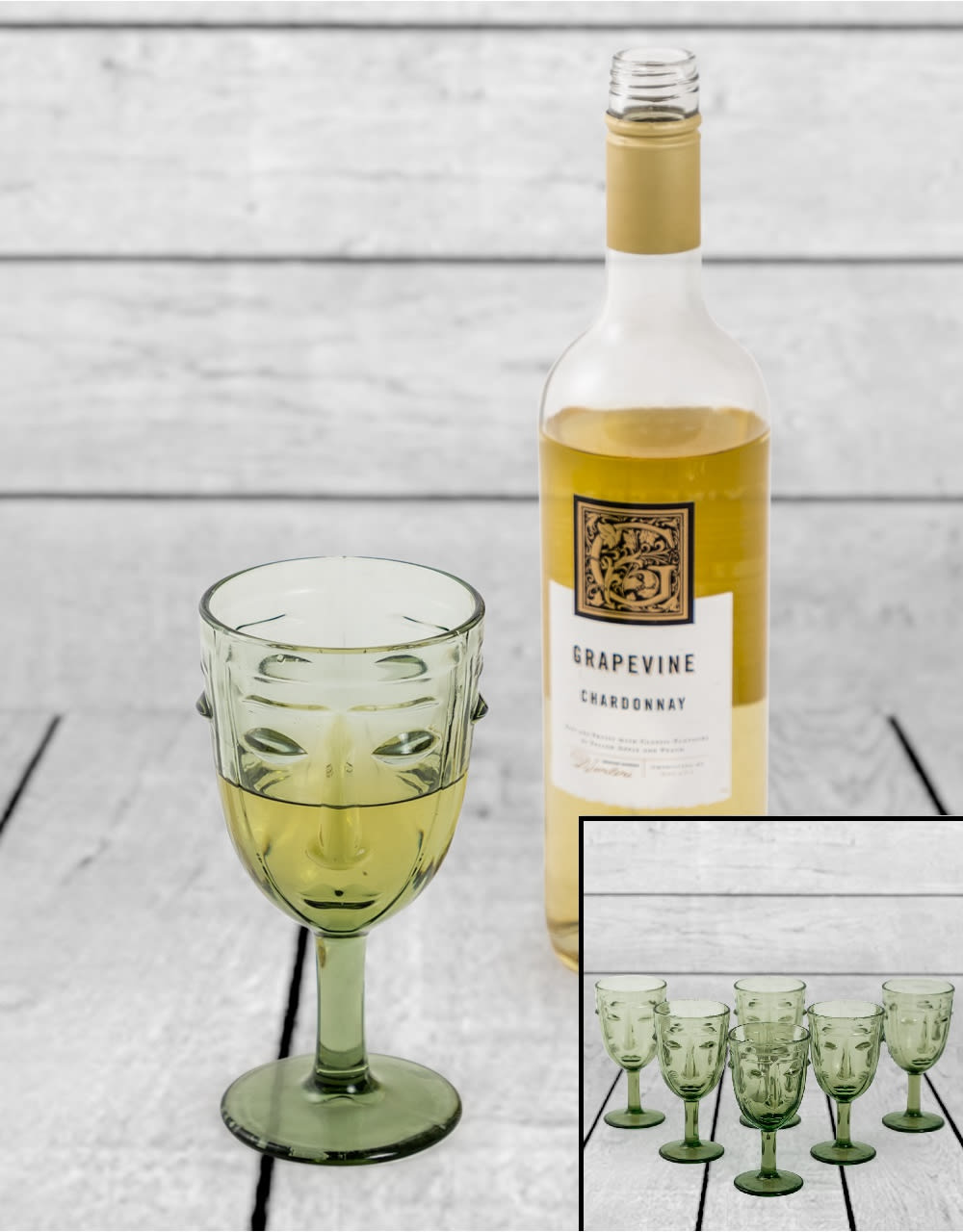 Set of 6 Green Deco Face Wine Glasses - GW114