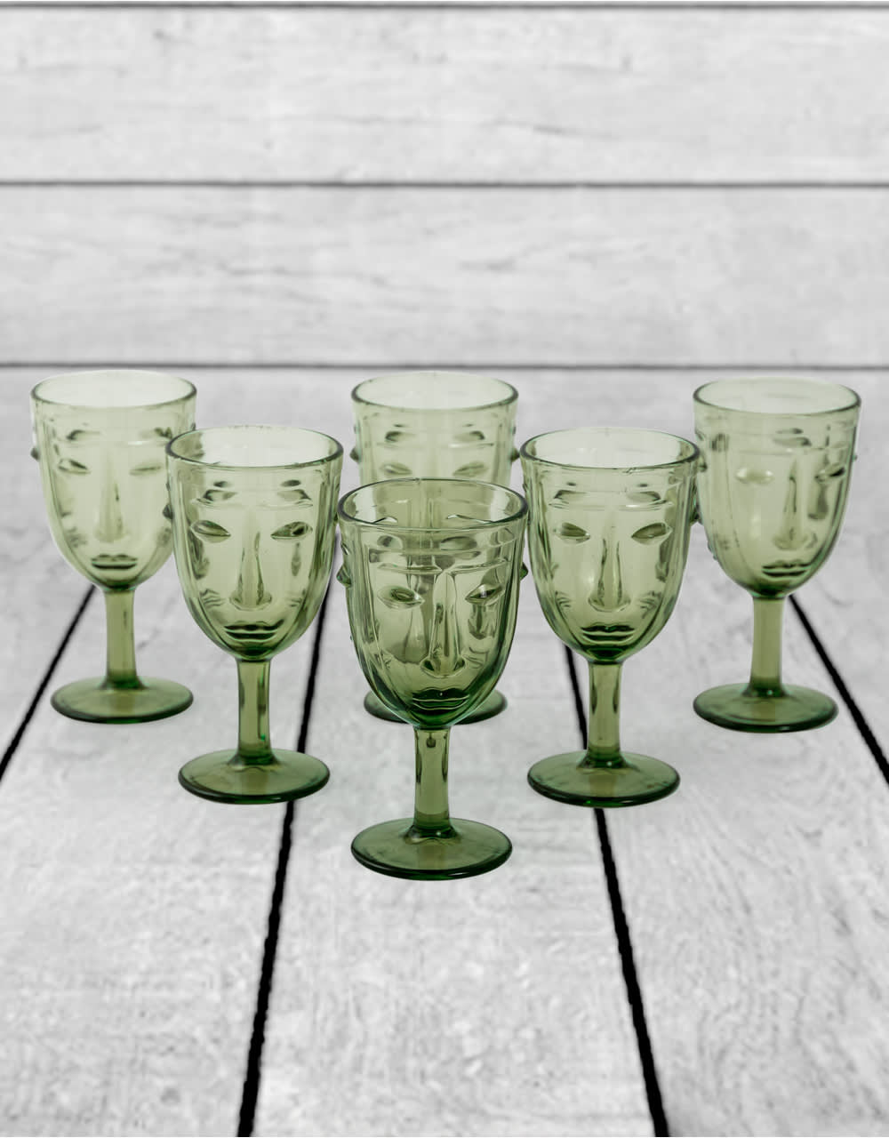 Set of 6 Green Deco Face Wine Glasses - GW114