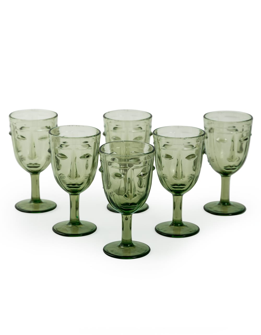 Set of 6 Green Deco Face Wine Glasses - GW114