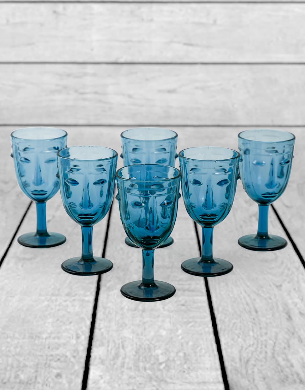 Set of 6 Blue Deco Face Wine Glasses - GW115