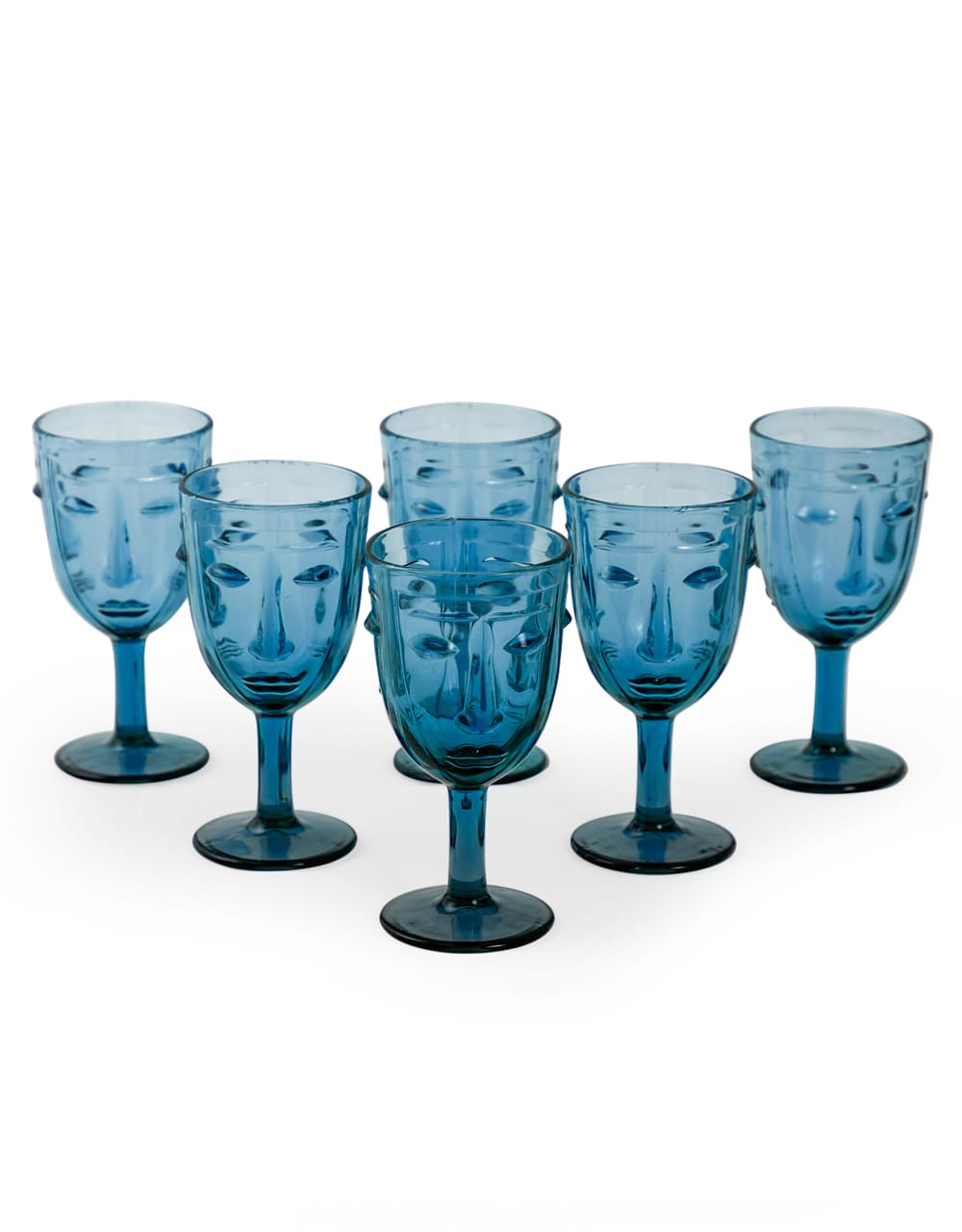 Set of 6 Blue Deco Face Wine Glasses - GW115