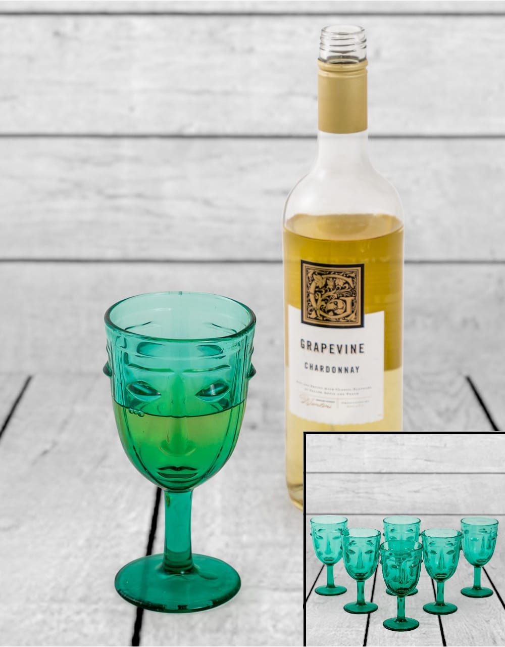 Set of 6 Teal Deco Face Wine Glasses - GW116