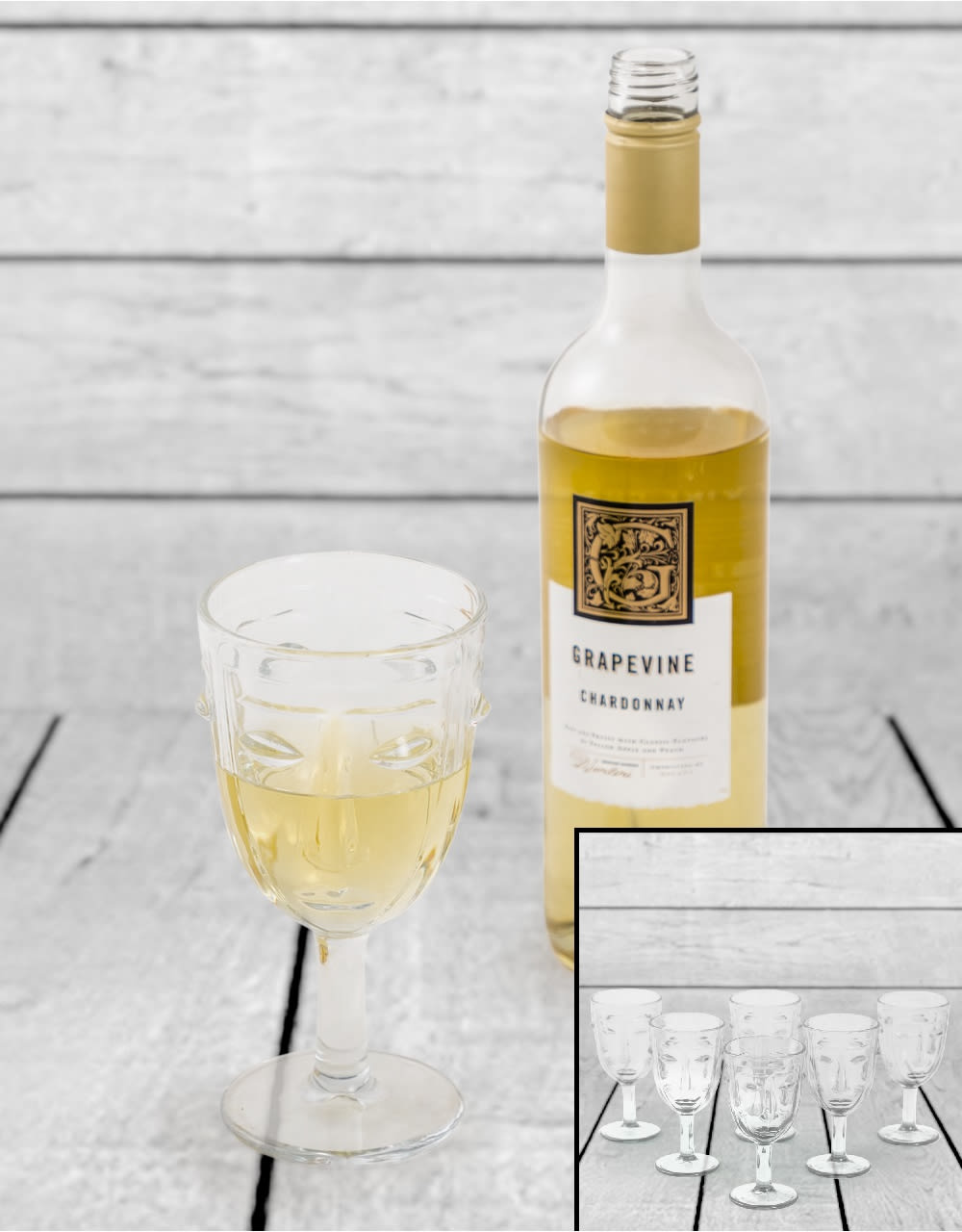 Set of 6 Clear Deco Face Wine Glasses - GW117