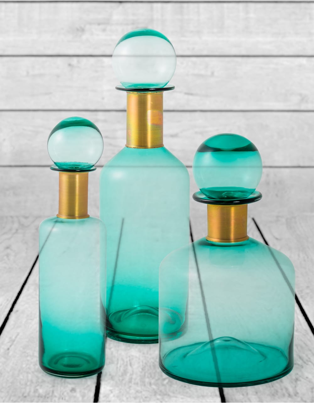 Large Teal Glass Apothecary Bottle with Brass Neck - GW118