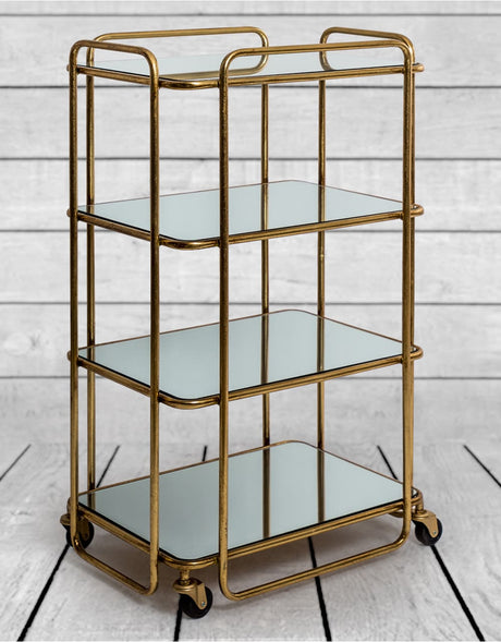 Antique Gold/Bronze Leaf Metal Bar Trolley with Mirror Shelves - JRG39