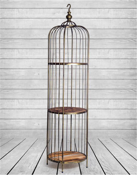 Antique Gold Bird Cage Style Storage Unit with Reclaimed Wood Shelves - HKL54