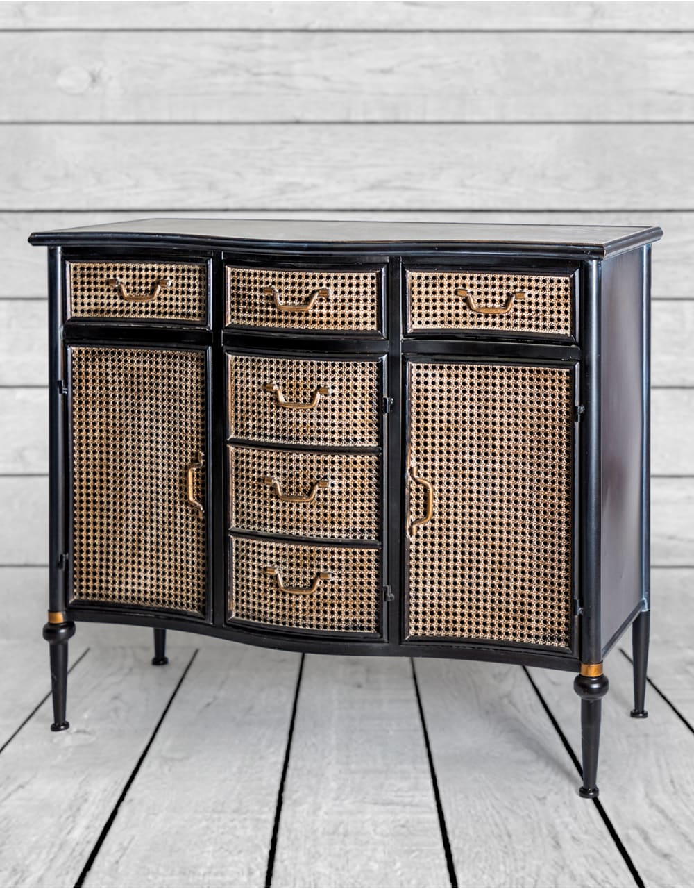 Antiqued Black Side Cabinet with Metal Rattan Cupboards - VRN32