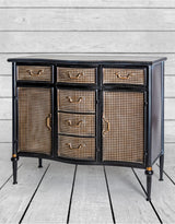Antiqued Black Side Cabinet with Metal Rattan Cupboards - VRN32