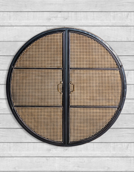Antiqued Black Large Round Wall Cabinet with Metal Rattan Doors - VRN33