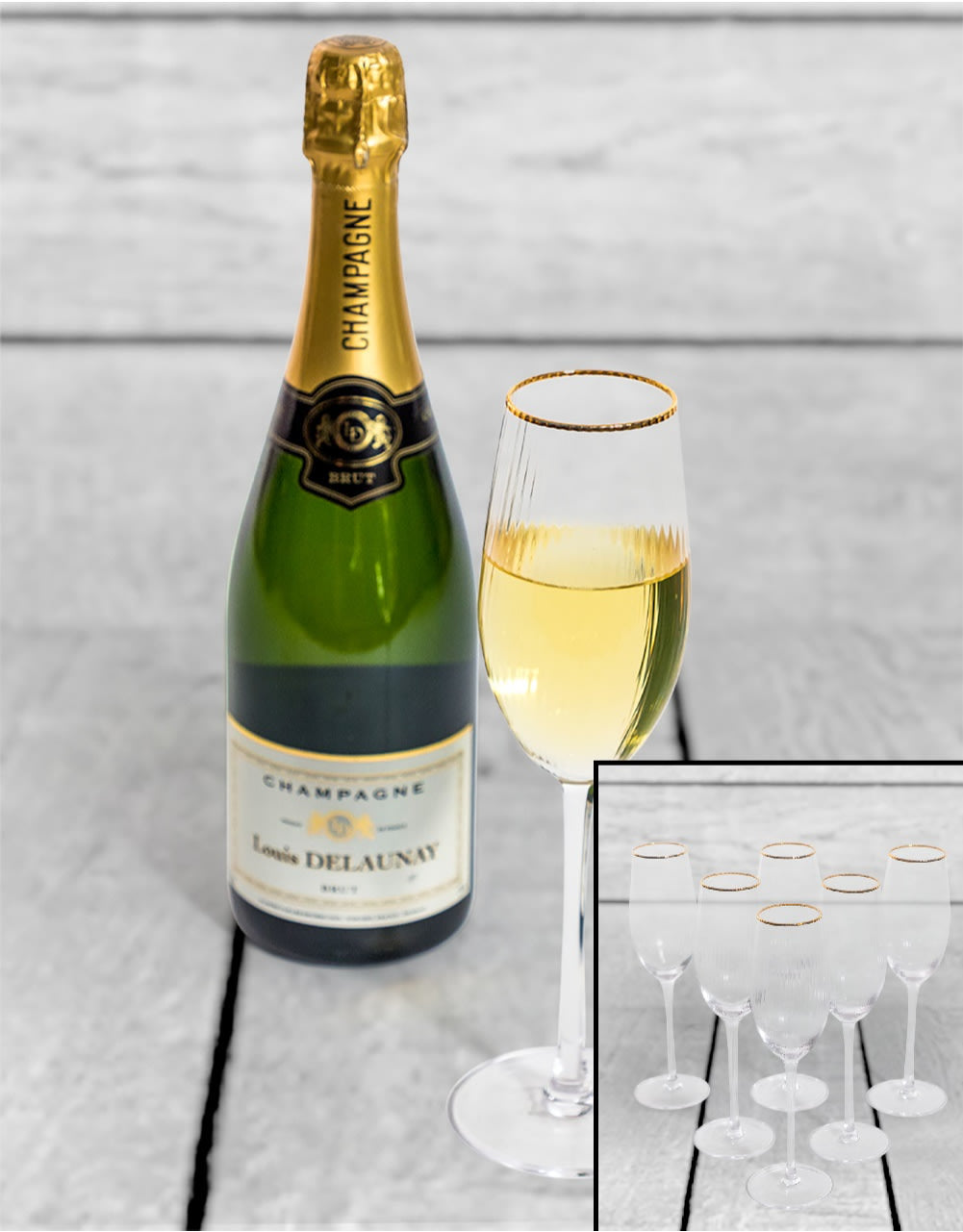 Set of 6 Traditional Champagne Flutes with Gold Rims - GW133