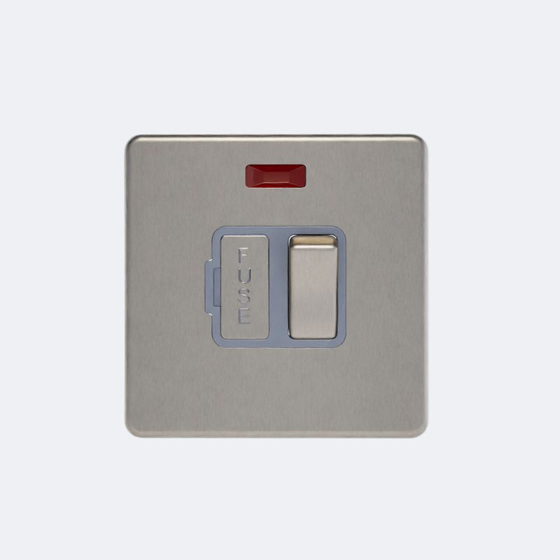 single screwless switched spur inc neon in brushed steel with grey inserts