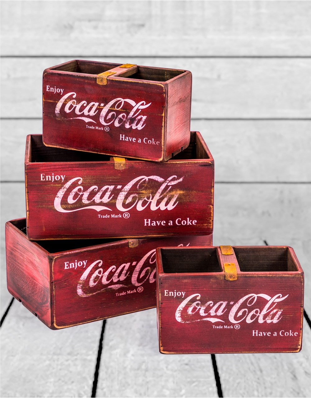 Set of 4 Antiqued Wooden Cola Storage Boxes - FC36