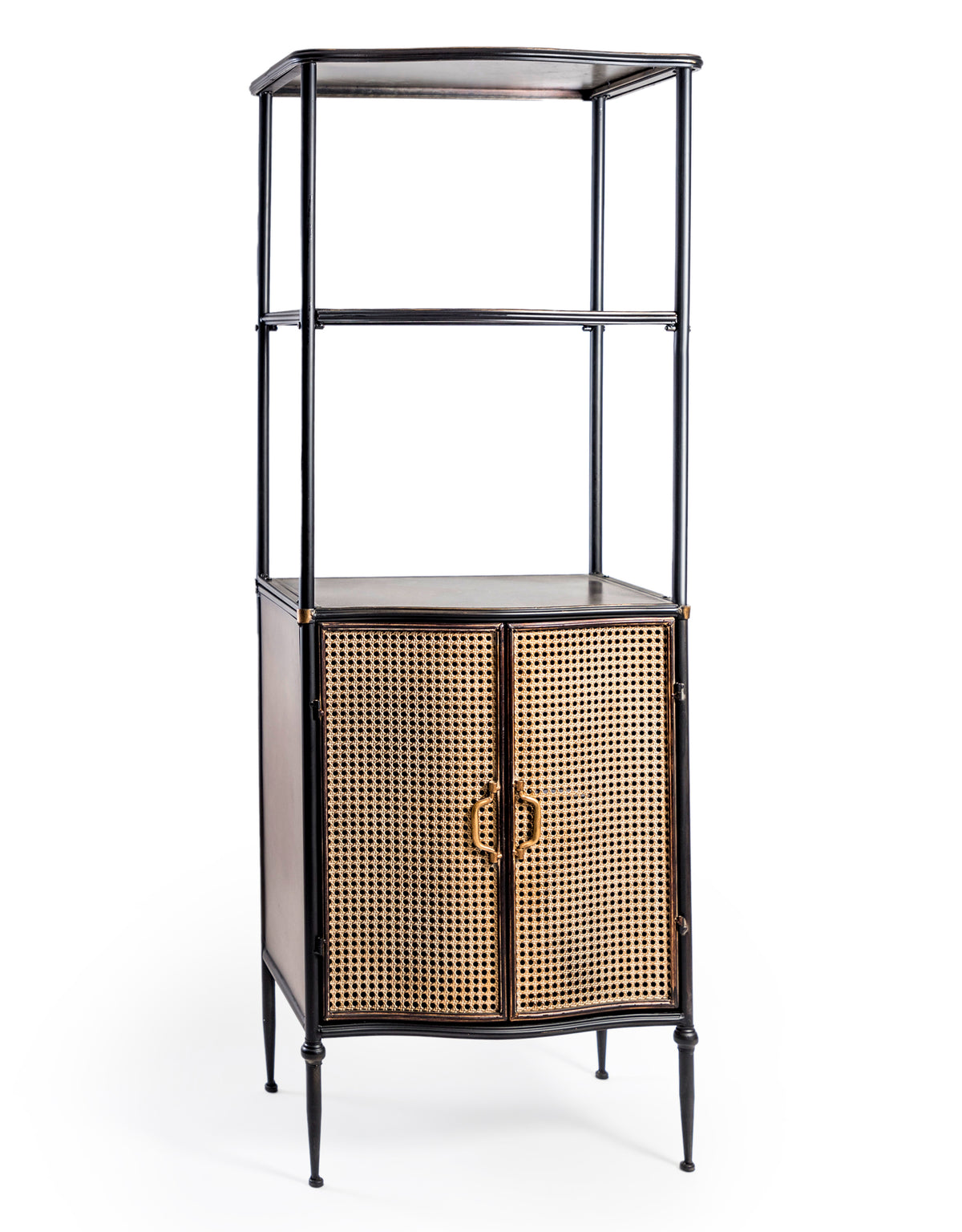 Antiqued Black Tall Cupboard Shelf Unit with Metal Rattan Doors - VRN36