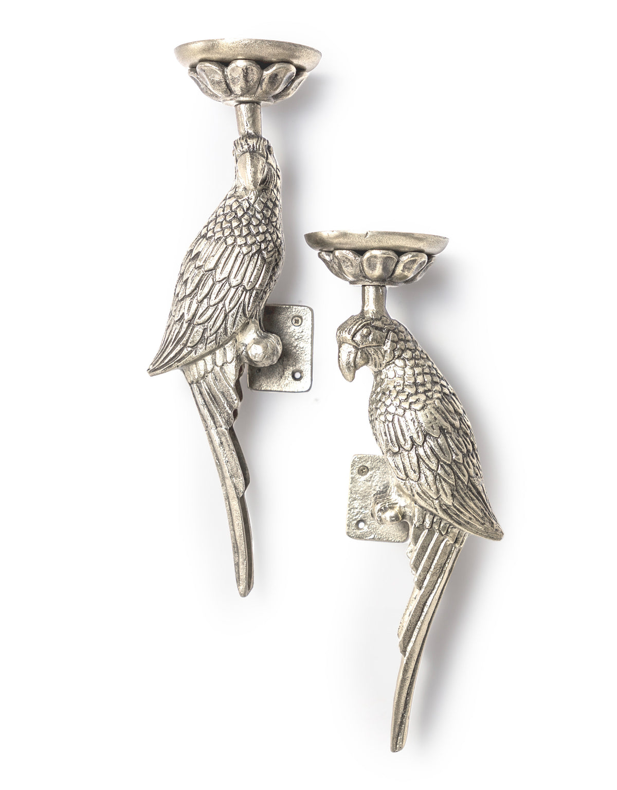 Pair of Large Raw Nickel Metal Parrot Wall Sconces - AL169
