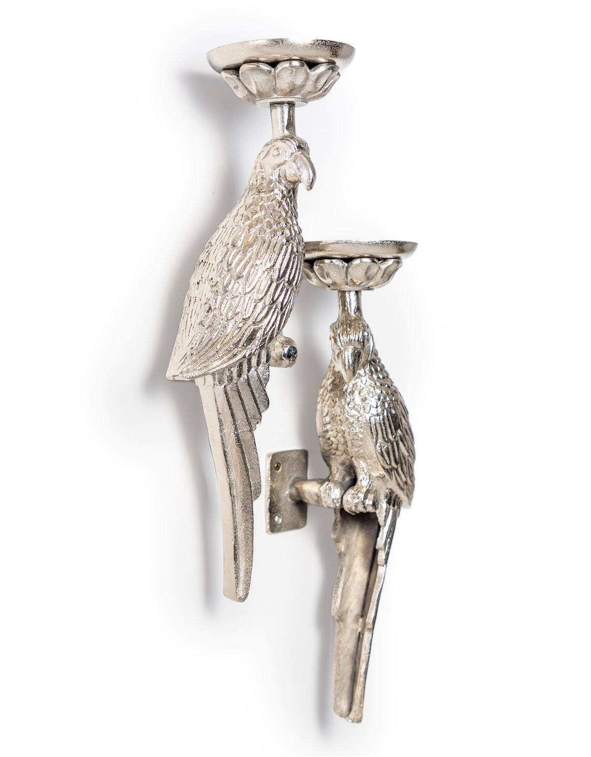 Pair of Large Raw Nickel Metal Parrot Wall Sconces - AL169
