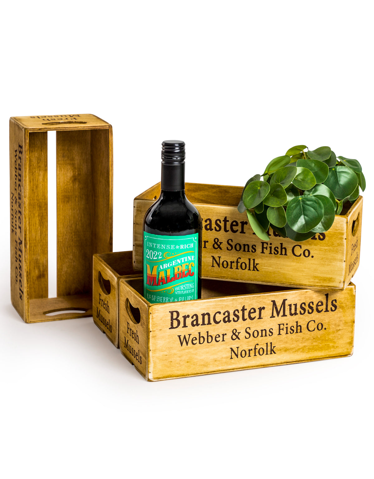 Set of 4 Antiqued "Brancaster Mussels" Wooden Boxes - FC38